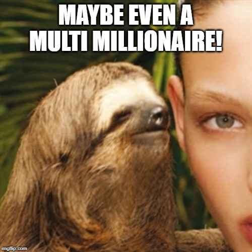 Whisper Sloth Meme | MAYBE EVEN A MULTI MILLIONAIRE! | image tagged in memes,whisper sloth | made w/ Imgflip meme maker