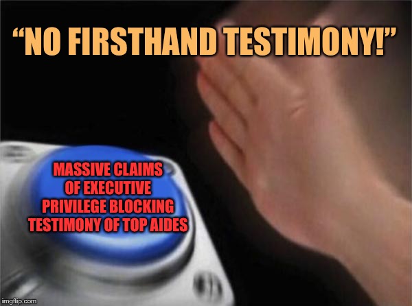 Put these two ideas together and you basically get a President with a crown and scepter | “NO FIRSTHAND TESTIMONY!”; MASSIVE CLAIMS OF EXECUTIVE PRIVILEGE BLOCKING TESTIMONY OF TOP AIDES | image tagged in memes,blank nut button,president,evidence,witnesses,trump impeachment | made w/ Imgflip meme maker