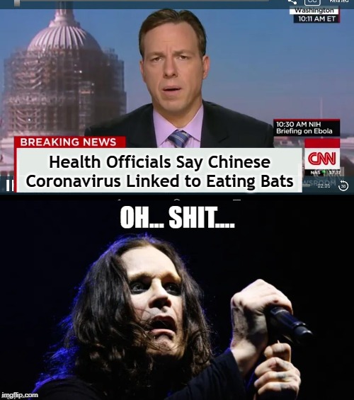 Ozzy Fears Quarantine | Health Officials Say Chinese Coronavirus Linked to Eating Bats | image tagged in cnn breaking news template,ozzy osbourne,bats,virus,china | made w/ Imgflip meme maker