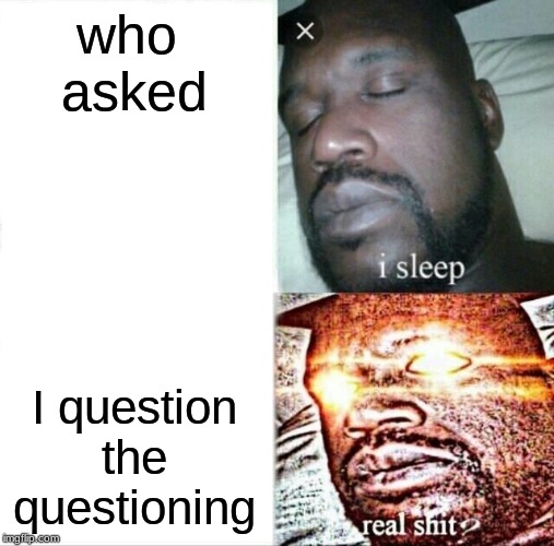 Sleeping Shaq | who 
asked; I question the questioning | image tagged in memes,sleeping shaq | made w/ Imgflip meme maker