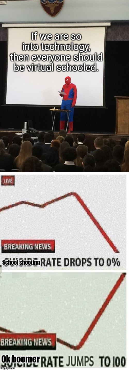 If we are so into technology, then everyone should be virtual schooled. School shooting; Ok boomer | image tagged in suicide rate,spiderman presentation,virtual,school,ok boomer | made w/ Imgflip meme maker