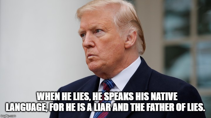 WHEN HE LIES, HE SPEAKS HIS NATIVE LANGUAGE, FOR HE IS A LIAR AND THE FATHER OF LIES. | image tagged in trump,liar,lies,post-truth,satan | made w/ Imgflip meme maker