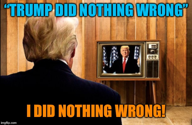The Trump presidency in a nutshell | “TRUMP DID NOTHING WRONG”; I DID NOTHING WRONG! | image tagged in trump watching trump on tv,fox news,donald trump,trump,propaganda,spin | made w/ Imgflip meme maker
