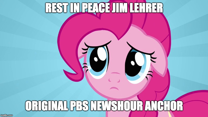 I watch the PBS NewsHour alot, so I heard about this! | REST IN PEACE JIM LEHRER; ORIGINAL PBS NEWSHOUR ANCHOR | image tagged in pinkie pie sad face,memes,jim lehrer,pbs,pbs newshour | made w/ Imgflip meme maker