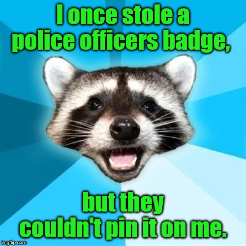 Lame Pun Coon | I once stole a police officers badge, but they couldn't pin it on me. | image tagged in memes,lame pun coon | made w/ Imgflip meme maker