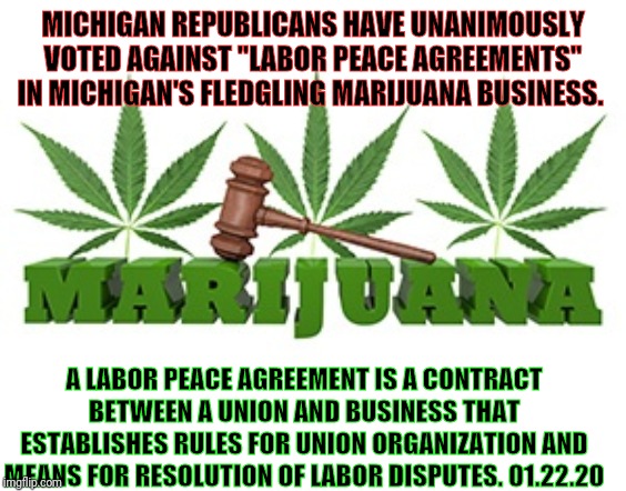 Michigan Republicans vote against Working Families & Unions. | MICHIGAN REPUBLICANS HAVE UNANIMOUSLY VOTED AGAINST "LABOR PEACE AGREEMENTS" IN MICHIGAN'S FLEDGLING MARIJUANA BUSINESS. A LABOR PEACE AGREEMENT IS A CONTRACT BETWEEN A UNION AND BUSINESS THAT ESTABLISHES RULES FOR UNION ORGANIZATION AND MEANS FOR RESOLUTION OF LABOR DISPUTES. 01.22.20 | image tagged in union,labor,working class,marijuana,michigan,republican | made w/ Imgflip meme maker