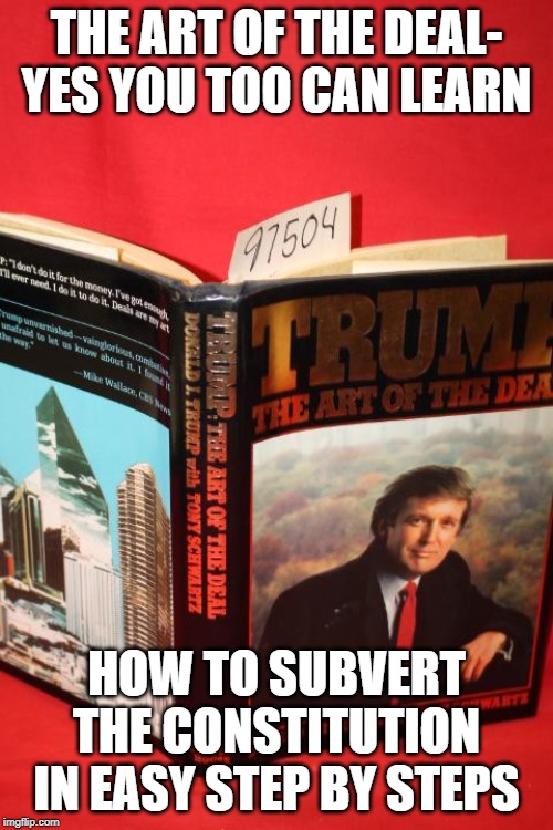 art of the deal trump | THE ART OF THE DEAL- YES YOU TOO CAN LEARN; HOW TO SUBVERT THE CONSTITUTION IN EASY STEP BY STEPS | image tagged in donald trump,the art of the deal | made w/ Imgflip meme maker