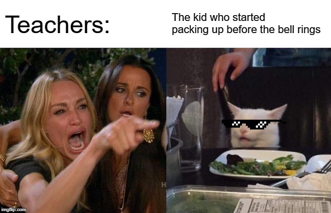 Woman Yelling At Cat | Teachers:; The kid who started packing up before the bell rings | image tagged in memes,woman yelling at cat | made w/ Imgflip meme maker