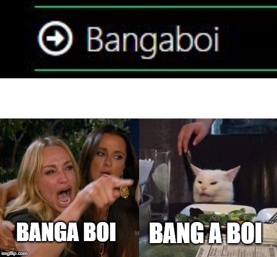 BANGA BOI; BANG A BOI | image tagged in memes,woman yelling at cat | made w/ Imgflip meme maker