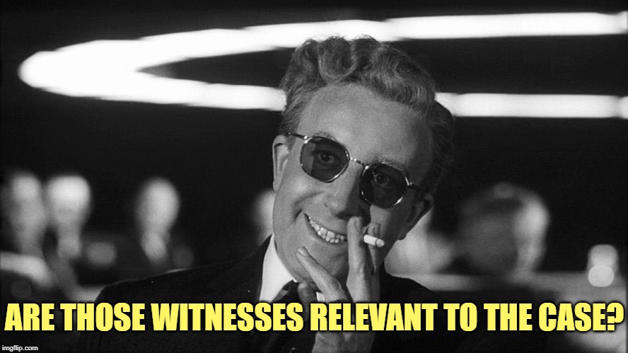 Doctor Strangelove says... | ARE THOSE WITNESSES RELEVANT TO THE CASE? | image tagged in doctor strangelove says | made w/ Imgflip meme maker