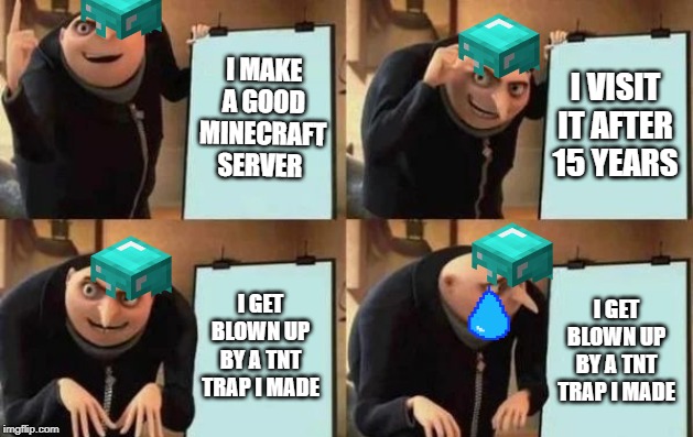 Gru's Plan | I MAKE A GOOD MINECRAFT SERVER; I VISIT IT AFTER 15 YEARS; I GET BLOWN UP BY A TNT TRAP I MADE; I GET BLOWN UP BY A TNT TRAP I MADE | image tagged in gru's plan | made w/ Imgflip meme maker