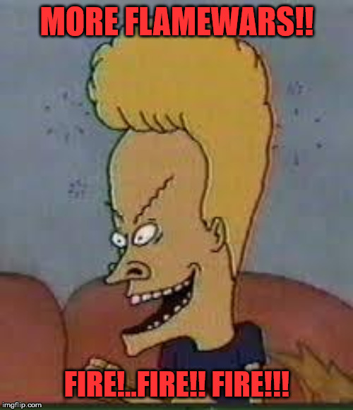beavis | MORE FLAMEWARS!! FIRE!..FIRE!! FIRE!!! | image tagged in beavis | made w/ Imgflip meme maker