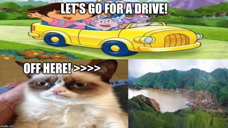 grumpy cat and dora | LET'S GO FOR A DRIVE! OFF HERE! >>>> | image tagged in grumpy cat meme of 2020,ripgrumpycat,dora the explorer,grumpy cat | made w/ Imgflip meme maker