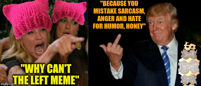 And take that ridiculous looking hat off your head too, what would your father say if he saw you wearing that nonsense... | "BECAUSE YOU MISTAKE SARCASM, ANGER AND HATE FOR HUMOR, HONEY"; "WHY CAN'T THE LEFT MEME" | image tagged in memes,funny,funny meme,political meme,politics | made w/ Imgflip meme maker