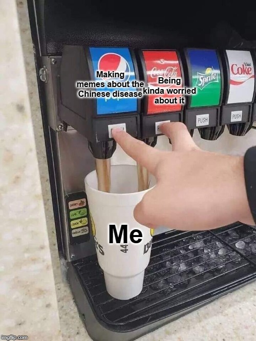 Chinese virus | Being kinda worried about it; Making memes about the Chinese disease; Me | image tagged in soda contradictions | made w/ Imgflip meme maker