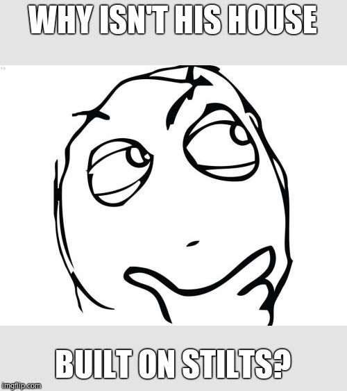 Question Rage Face Meme | WHY ISN'T HIS HOUSE BUILT ON STILTS? | image tagged in memes,question rage face | made w/ Imgflip meme maker