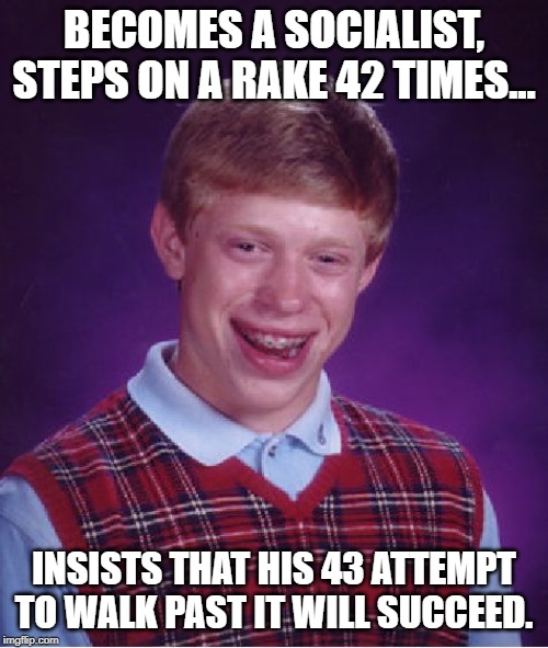 Socialism - The next time you try it It will succeed. Because those before you didn't do it right but the next time you try..... | BECOMES A SOCIALIST, STEPS ON A RAKE 42 TIMES... INSISTS THAT HIS 43 ATTEMPT TO WALK PAST IT WILL SUCCEED. | image tagged in memes,bad luck brian | made w/ Imgflip meme maker