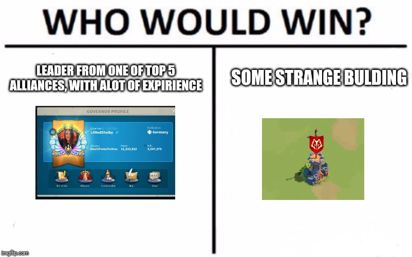 Who Would Win? | SOME STRANGE BULDING; LEADER FROM ONE OF TOP 5 ALLIANCES, WITH ALOT OF EXPIRIENCE | image tagged in memes,who would win | made w/ Imgflip meme maker