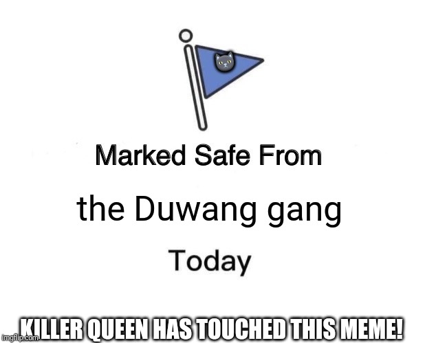 Marked Safe From | 🐱; the Duwang gang; KILLER QUEEN HAS TOUCHED THIS MEME! | image tagged in memes,marked safe from | made w/ Imgflip meme maker