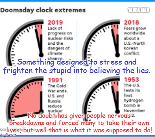 Doomsday Clock | YARRA MAN; Something designed to stress and frighten the stupid into believing the lies. No doubt has given people nervous breakdowns and forced many to take their own lives, but well that is what it was supposed to do! | image tagged in doomsday clock | made w/ Imgflip meme maker