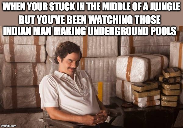 creepy smile pablo escobar | WHEN YOUR STUCK IN THE MIDDLE OF A JUJNGLE; BUT YOU'VE BEEN WATCHING THOSE INDIAN MAN MAKING UNDERGROUND POOLS | image tagged in creepy smile pablo escobar | made w/ Imgflip meme maker