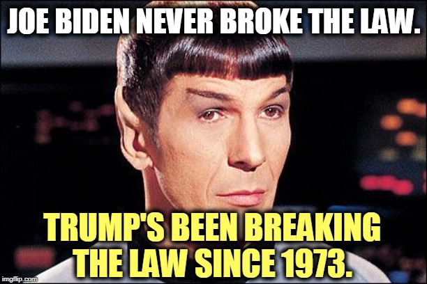 Condescending Spock | JOE BIDEN NEVER BROKE THE LAW. TRUMP'S BEEN BREAKING THE LAW SINCE 1973. | image tagged in condescending spock | made w/ Imgflip meme maker