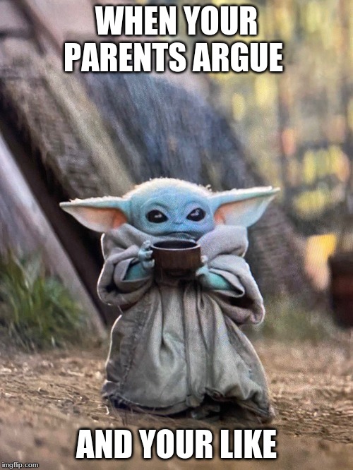 BABY YODA TEA | WHEN YOUR PARENTS ARGUE; AND YOUR LIKE | image tagged in baby yoda tea | made w/ Imgflip meme maker