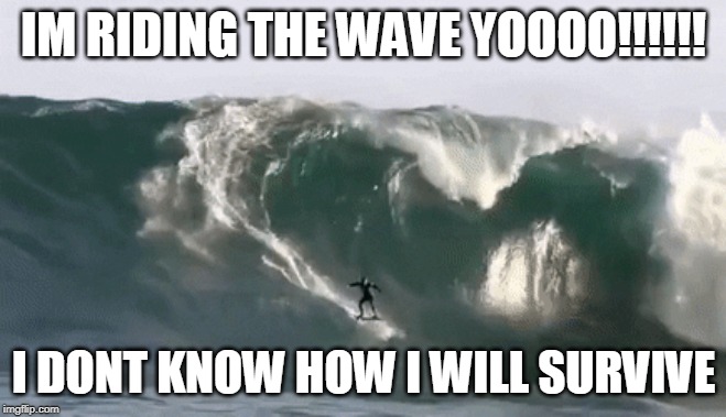 im riding the wave | IM RIDING THE WAVE YOOOO!!!!!! I DONT KNOW HOW I WILL SURVIVE | image tagged in extreme sports | made w/ Imgflip meme maker