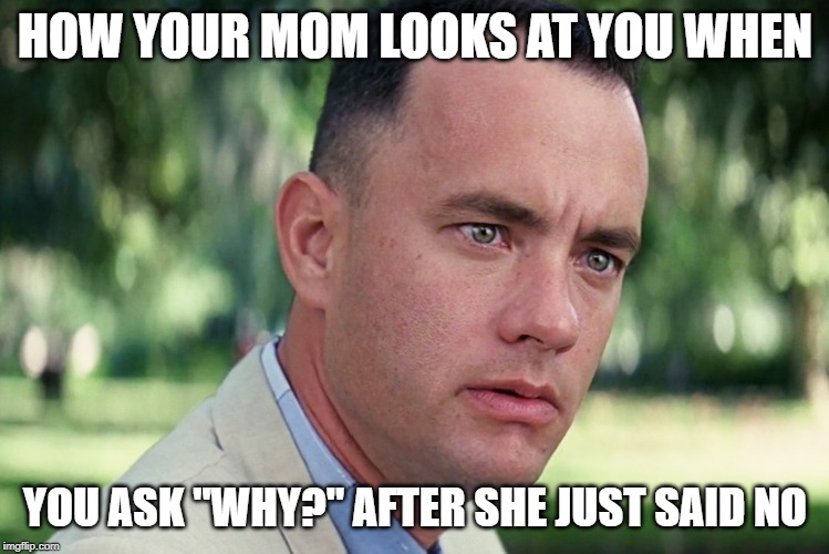 And Just Like That | HOW YOUR MOM LOOKS AT YOU WHEN; YOU ASK "WHY?" AFTER SHE JUST SAID NO | image tagged in memes,and just like that | made w/ Imgflip meme maker