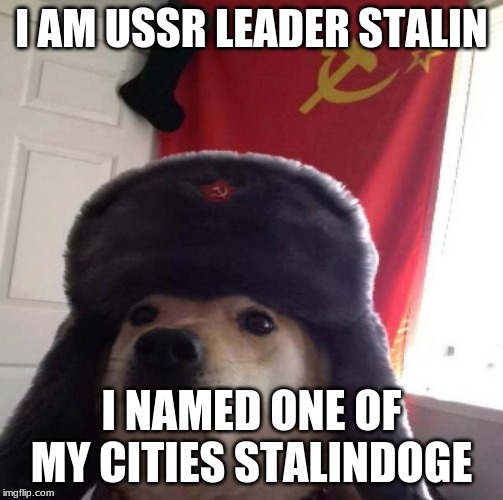 Russian Doge | I AM USSR LEADER STALIN; I NAMED ONE OF MY CITIES STALINDOGE | image tagged in russian doge | made w/ Imgflip meme maker
