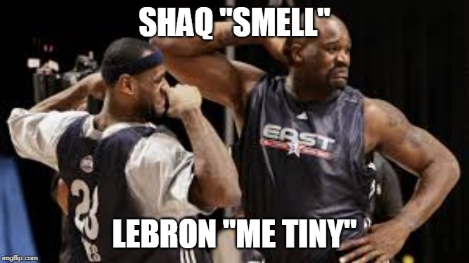 shaq vs lebron flex off | SHAQ "SMELL"; LEBRON "ME TINY" | image tagged in basketball | made w/ Imgflip meme maker