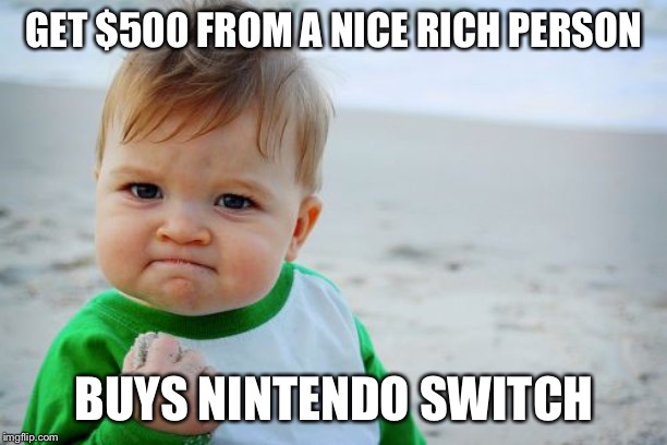 Success Kid Original Meme | GET $500 FROM A NICE RICH PERSON BUYS NINTENDO SWITCH | image tagged in memes,success kid original | made w/ Imgflip meme maker