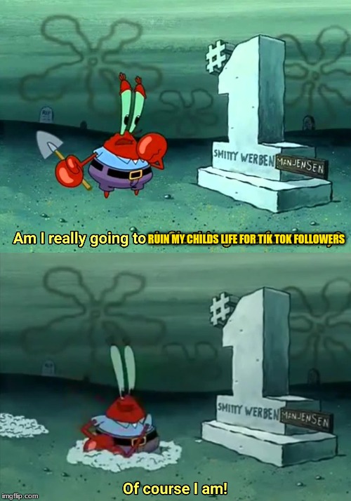 Mr Krabs Am I really going to have to defile this grave for $ | RUIN MY CHILDS LIFE FOR TIK TOK FOLLOWERS | image tagged in mr krabs am i really going to have to defile this grave for | made w/ Imgflip meme maker