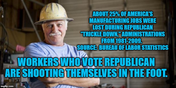 Blue Collar Man | ABOUT 25% OF AMERICA'S MANUFACTURING JOBS WERE LOST DURING REPUBLICAN "TRICKLE DOWN," ADMINISTRATIONS FROM 1981-2009.   SOURCE:  BUREAU OF LABOR STATISTICS; WORKERS WHO VOTE REPUBLICAN ARE SHOOTING THEMSELVES IN THE FOOT. | image tagged in blue collar man | made w/ Imgflip meme maker