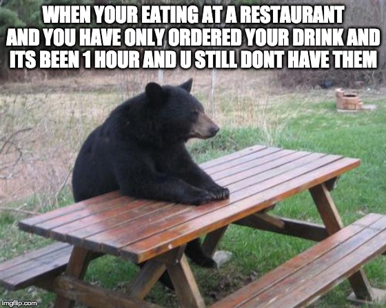 Bad Luck Bear Meme | WHEN YOUR EATING AT A RESTAURANT AND YOU HAVE ONLY ORDERED YOUR DRINK AND ITS BEEN 1 HOUR AND U STILL DONT HAVE THEM | image tagged in memes,bad luck bear | made w/ Imgflip meme maker