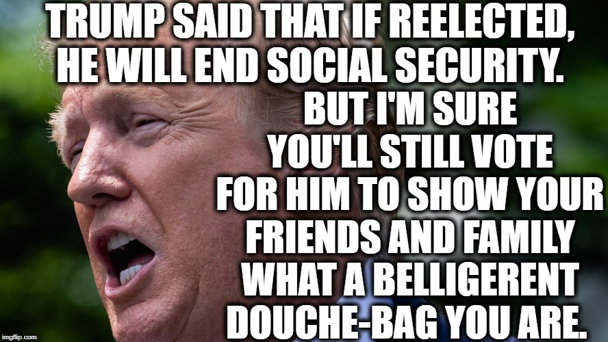 Say Goodbye To Social Security | TRUMP SAID THAT IF REELECTED, HE WILL END SOCIAL SECURITY. BUT I'M SURE YOU'LL STILL VOTE FOR HIM TO SHOW YOUR FRIENDS AND FAMILY WHAT A BELLIGERENT DOUCHE-BAG YOU ARE. | image tagged in donald trump,social security,douchebag,impeach trump,traitor,moron | made w/ Imgflip meme maker