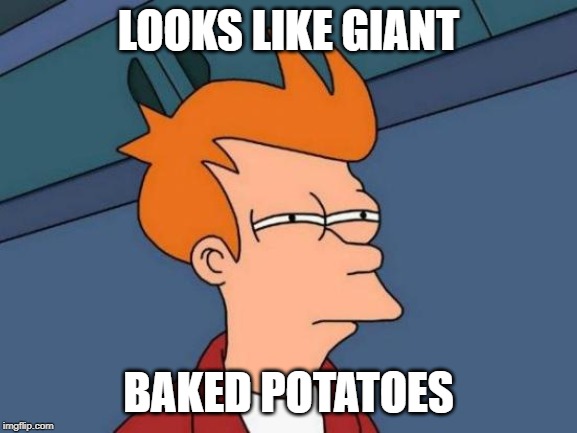 Futurama Fry Meme | LOOKS LIKE GIANT BAKED POTATOES | image tagged in memes,futurama fry | made w/ Imgflip meme maker