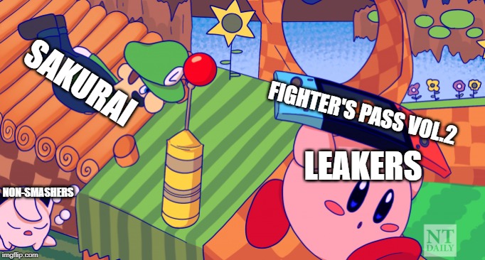 My metaphor of smash leakers | SAKURAI; FIGHTER'S PASS VOL.2; LEAKERS; NON-SMASHERS | image tagged in run kirby run,super smash bros,dlc,leaks | made w/ Imgflip meme maker