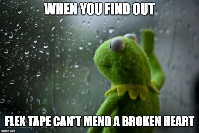 But it can keep your heart from taking on water? |  WHEN YOU FIND OUT; FLEX TAPE CAN'T MEND A BROKEN HEART | image tagged in kermit window,memes,flex tape,broken heart | made w/ Imgflip meme maker
