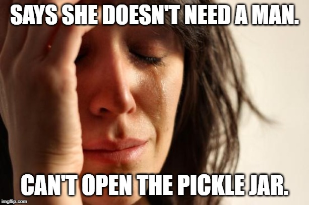 First World Problems | SAYS SHE DOESN'T NEED A MAN. CAN'T OPEN THE PICKLE JAR. | image tagged in memes,first world problems | made w/ Imgflip meme maker