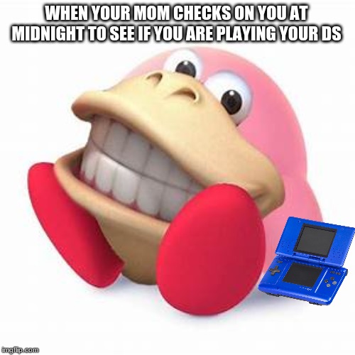oh no | WHEN YOUR MOM CHECKS ON YOU AT MIDNIGHT TO SEE IF YOU ARE PLAYING YOUR DS | image tagged in kirby kong | made w/ Imgflip meme maker