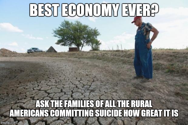 Drought Farmer | BEST ECONOMY EVER? ASK THE FAMILIES OF ALL THE RURAL AMERICANS COMMITTING SUICIDE HOW GREAT IT IS | image tagged in drought farmer | made w/ Imgflip meme maker