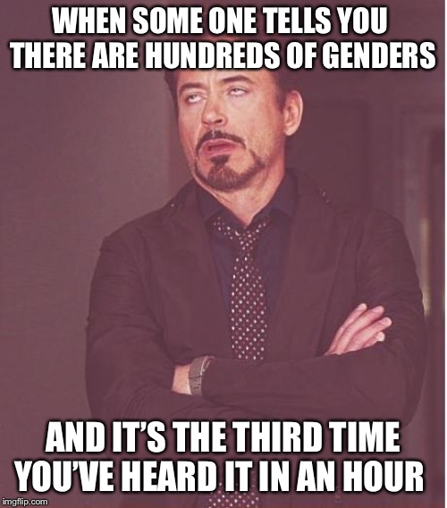 Face You Make Robert Downey Jr Meme | WHEN SOME ONE TELLS YOU  THERE ARE HUNDREDS OF GENDERS; AND IT’S THE THIRD TIME YOU’VE HEARD IT IN AN HOUR | image tagged in memes,face you make robert downey jr | made w/ Imgflip meme maker