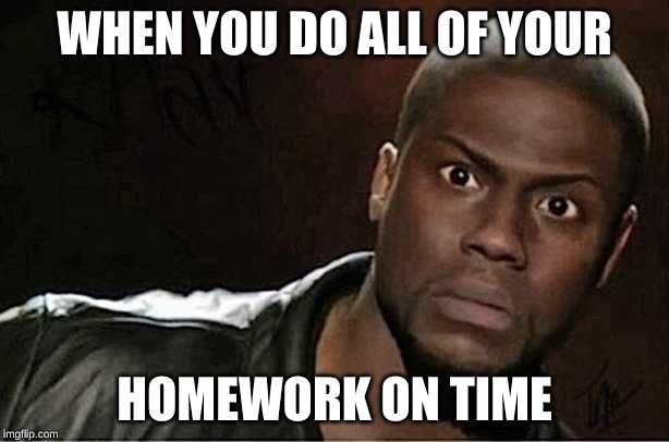 Kevin Hart Meme | WHEN YOU DO ALL OF YOUR; HOMEWORK ON TIME | image tagged in memes,kevin hart | made w/ Imgflip meme maker