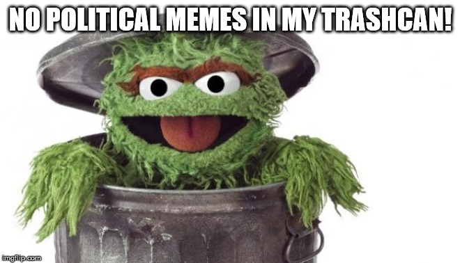 Oscar trashcan Sesame street | NO POLITICAL MEMES IN MY TRASHCAN! | image tagged in oscar trashcan sesame street | made w/ Imgflip meme maker