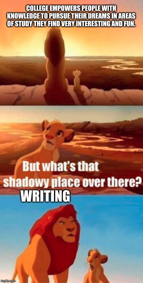 Simba Shadowy Place Meme | COLLEGE EMPOWERS PEOPLE WITH KNOWLEDGE TO PURSUE THEIR DREAMS IN AREAS OF STUDY THEY FIND VERY INTERESTING AND FUN. WRITING | image tagged in memes,simba shadowy place | made w/ Imgflip meme maker