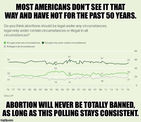 Reminder for the day that abortion is never going to be banned. | MOST AMERICANS DON’T SEE IT THAT WAY AND HAVE NOT FOR THE PAST 50 YEARS. ABORTION WILL NEVER BE TOTALLY BANNED, AS LONG AS THIS POLLING STAYS CONSISTENT. | image tagged in abortion polling gallup,abortion,pro-choice,pro-life,abortion is murder,politics | made w/ Imgflip meme maker