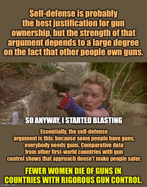 Gun rights = women’s rights? Only to the extent that men also own guns. Controlling guns will make everyone safer. | Self-defense is probably the best justification for gun ownership, but the strength of that argument depends to a large degree on the fact that other people own guns. Essentially, the self-defense argument is this: because some people have guns, everybody needs guns. Comparative data from other first-world countries with gun control shows that approach doesn’t make people safer. FEWER WOMEN DIE OF GUNS IN COUNTRIES WITH RIGOROUS GUN CONTROL. | image tagged in kylie street fighter so anyway i started blasting,gun rights,gun laws,gun control,self defense,womens rights | made w/ Imgflip meme maker
