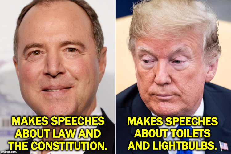 MAKES SPEECHES ABOUT LAW AND THE CONSTITUTION. MAKES SPEECHES ABOUT TOILETS AND LIGHTBULBS. | image tagged in trump,adam schiff,law,constitution,toilets,lightbulb | made w/ Imgflip meme maker
