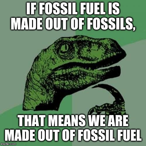 fossil fuel | IF FOSSIL FUEL IS MADE OUT OF FOSSILS, THAT MEANS WE ARE MADE OUT OF FOSSIL FUEL | image tagged in memes,philosoraptor | made w/ Imgflip meme maker